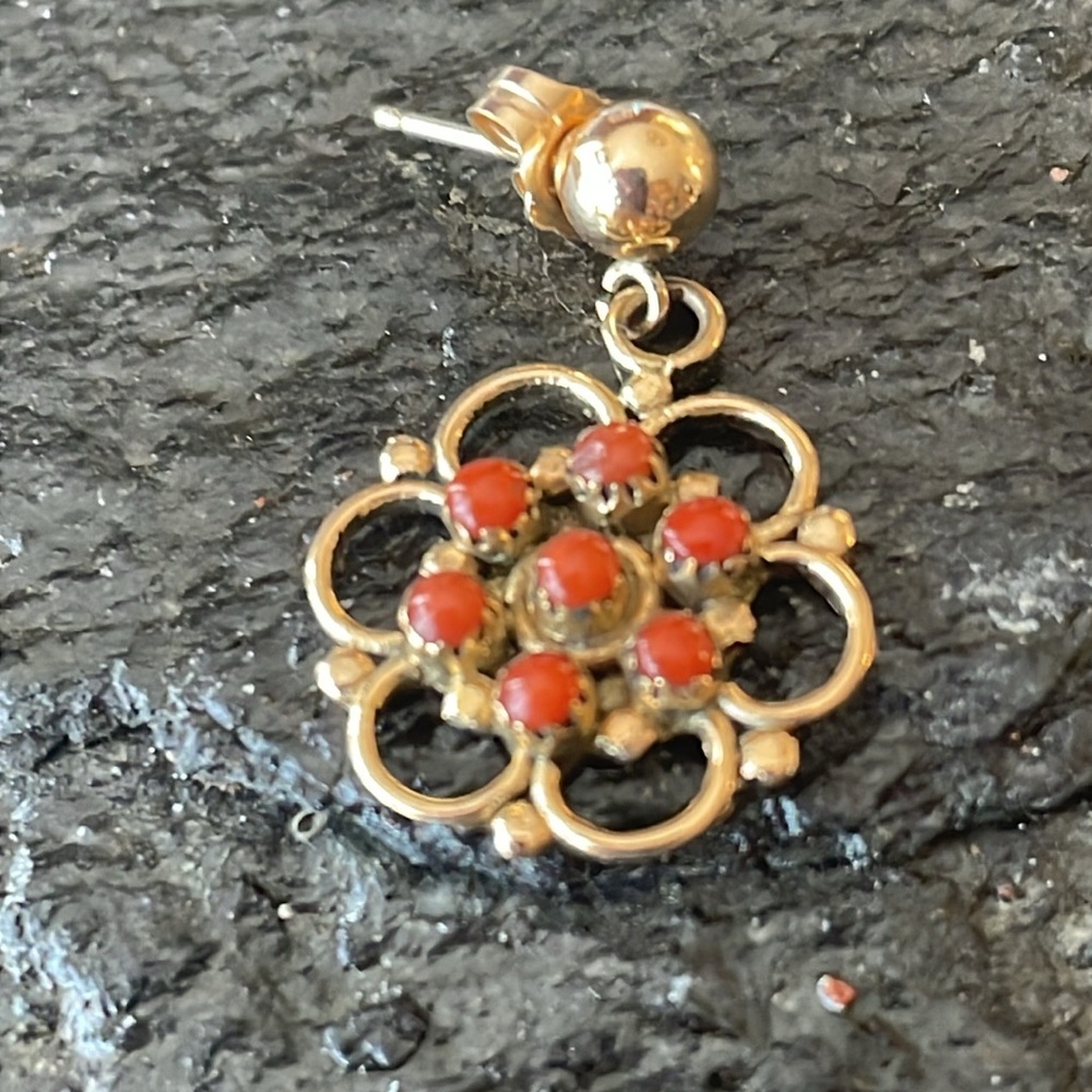 Vintage Zuni Native American Handcrafted 14K Red Coral Earrings - Picture 2 of 15